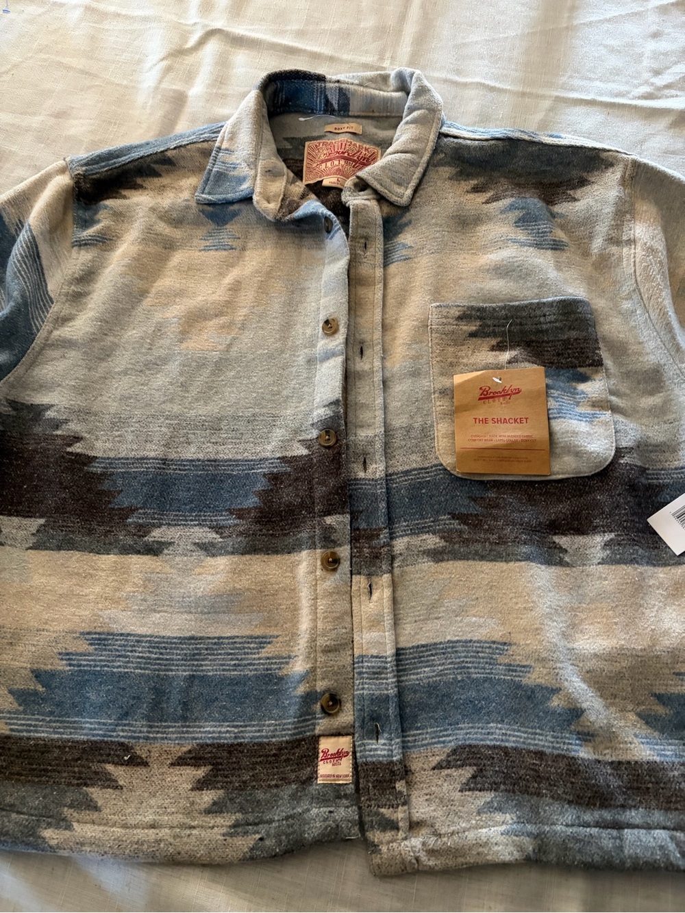 0041-Brooklyn boxy Shacket Aztec Pattern Button-Up - Blue Gray